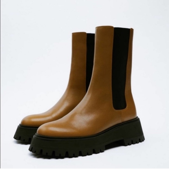Nwt new Zara light brown leather lug sole chunky ankle combat boots 8 - Picture 3 of 13